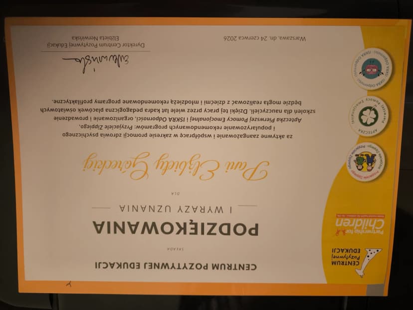 Podziękowanie Centrum Pozytywnej Edukacji